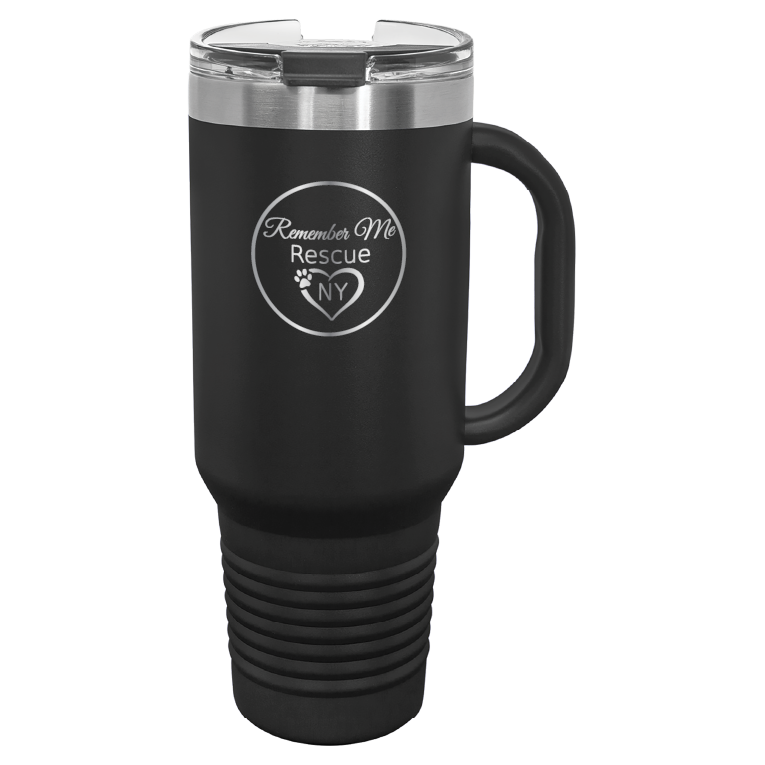 Black 40 oz laser engraved tumbler featuring the Remember Me Rescue NY logo.