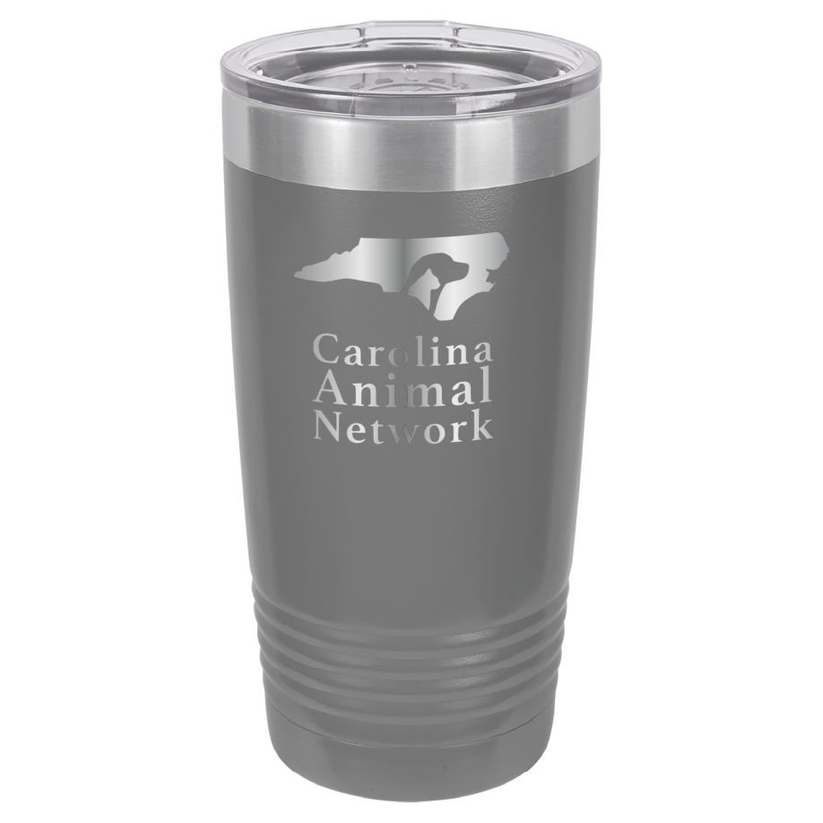 Dark grey 20 ounce tumbler laser engraved  tumbler featuring the Carolina Animal Network logo
