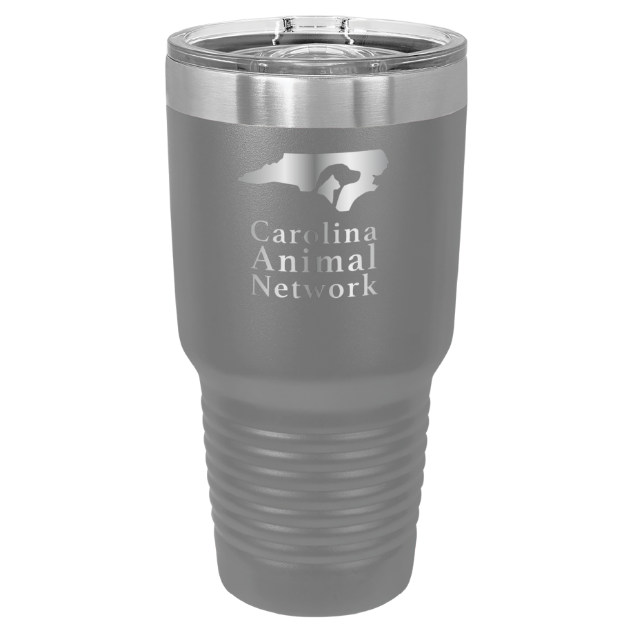 Dark gray 30 oz tumbler laser engraved tumbler featuring the Carolina Animal Network logo