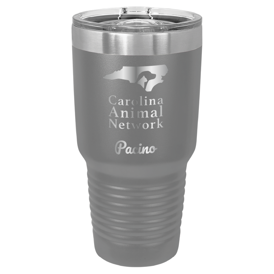 Dark gray 30 oz tumbler laser engraved  tumbler featuring the Carolina Animal Network logo and the name, "Pacino"