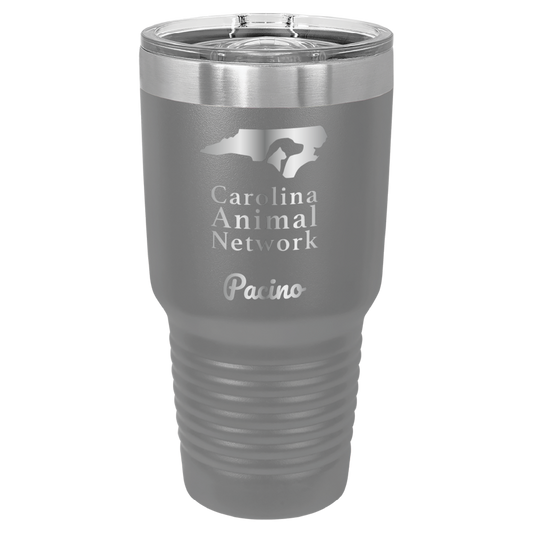 Dark gray 30 oz tumbler laser engraved  tumbler featuring the Carolina Animal Network logo and the name, "Pacino"