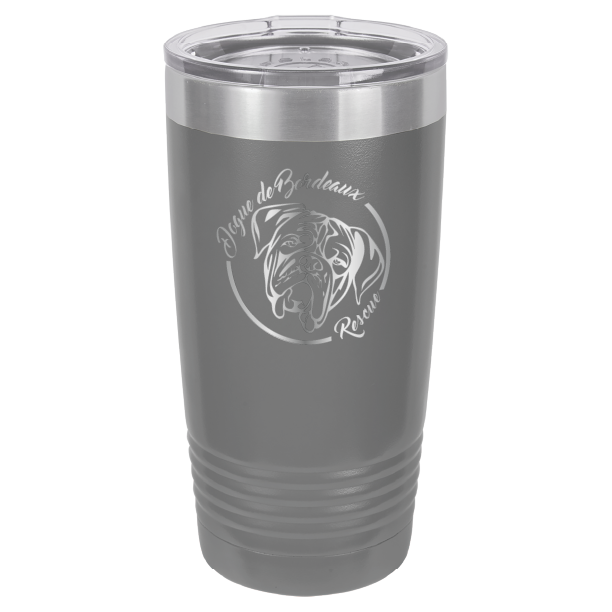 Dark gray 20 ounce laser engraved  tumbler featuring the Dogue de Bordeaux Rescue, Inc. logo