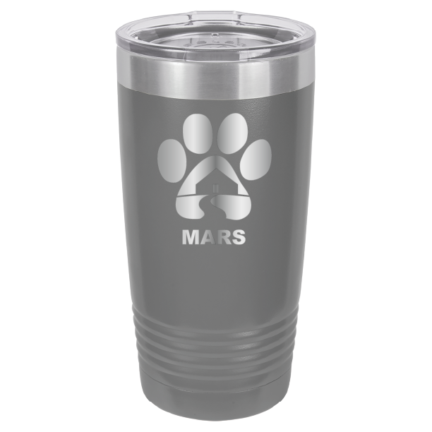 Dark Gray 20 ounce laser engraved tumbler with the Midwest Animal Rescue & Services (MARS) logo.