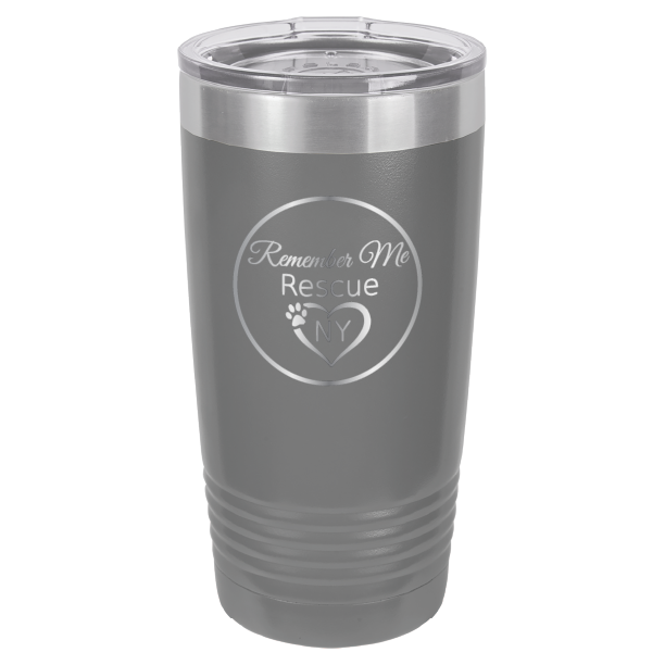 Dark Gray laser engraved 20 tumbler featuring the logo of Remember Me Rescue NY