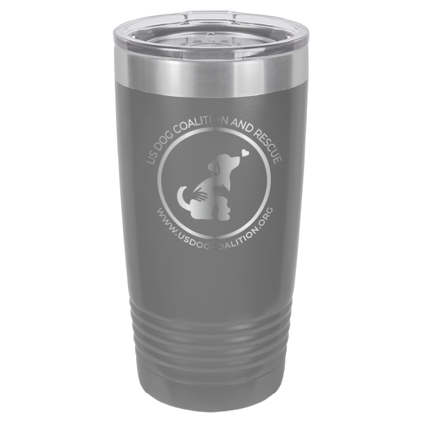 Dark Gray 20 Oz Laser Engraved Tumbler featuring the US Dog Coalition logo.