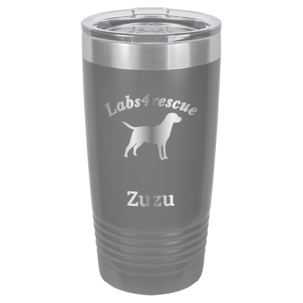 Dark Gray laser engraved 20 oz tumbler featuring the Labs4rescue logo and the name Zuzu.