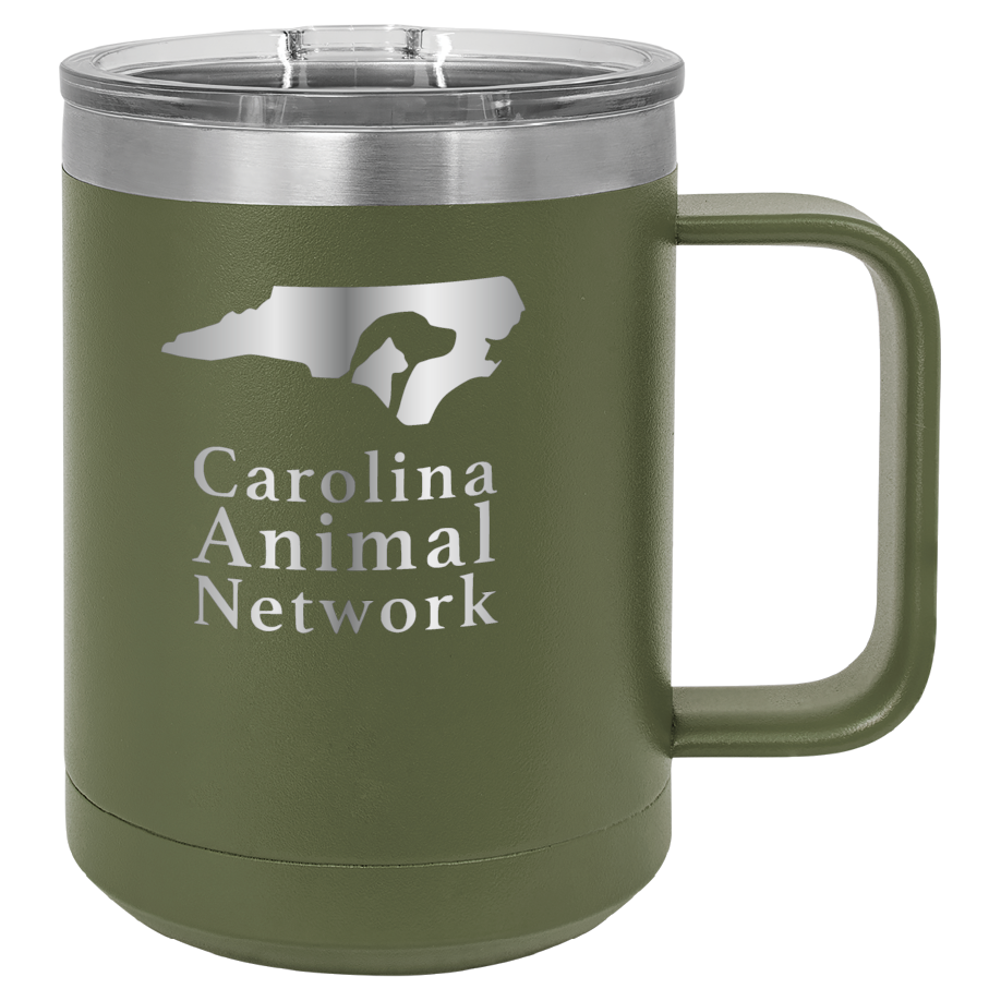 Olive green 15 oz coffee cup laser engraved tumbler featuring the Carolina Animal Network logo