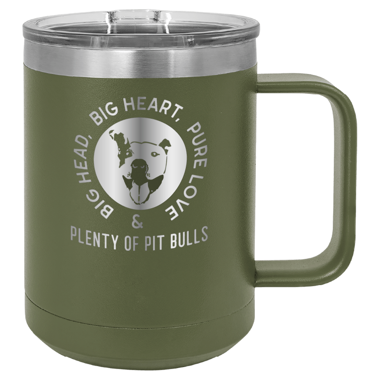 Olive green 15 oz coffee cup laser engraved featuring the Plenty of Pit Bulls logo