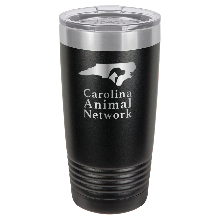 Black / stainless 20 ounce tumbler laser engraved tumbler featuring the Carolina Animal Network logo