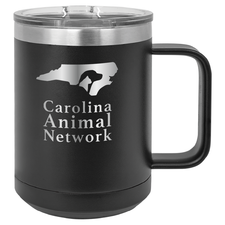 Black 15 oz coffee cup laser engraved  tumbler featuring the Carolina Animal Network logo