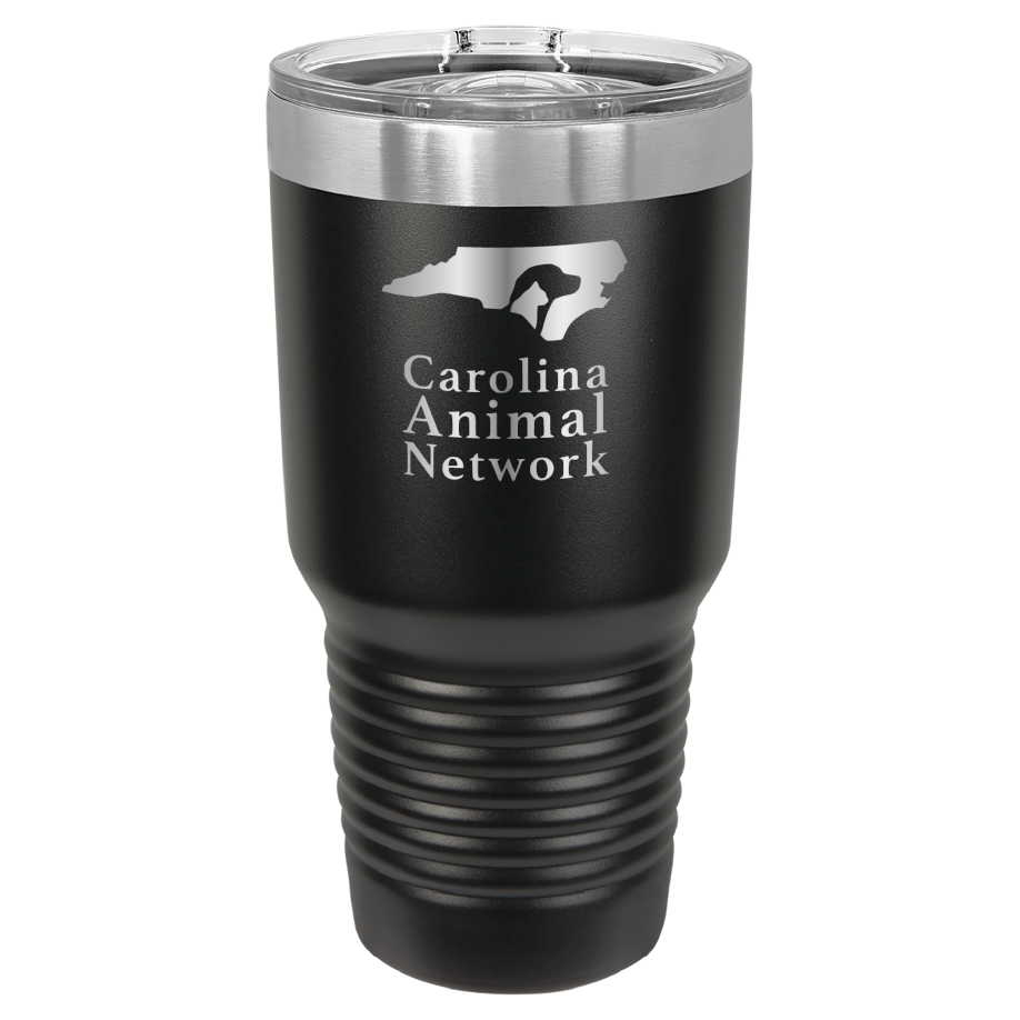 Black 30 oz tumbler laser engraved tumbler featuring the Carolina Animal Network logo