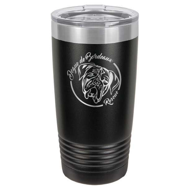 Black 20 ounce laser engraved  tumbler featuring the Dogue de Bordeaux Rescue, Inc. logo