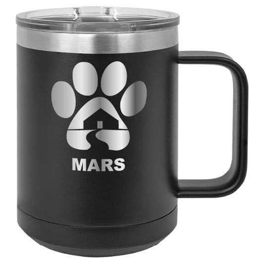 Black 15 ounce laser engraved coffee mug with the Midwest Animal Rescue & Services (MARS) logo.