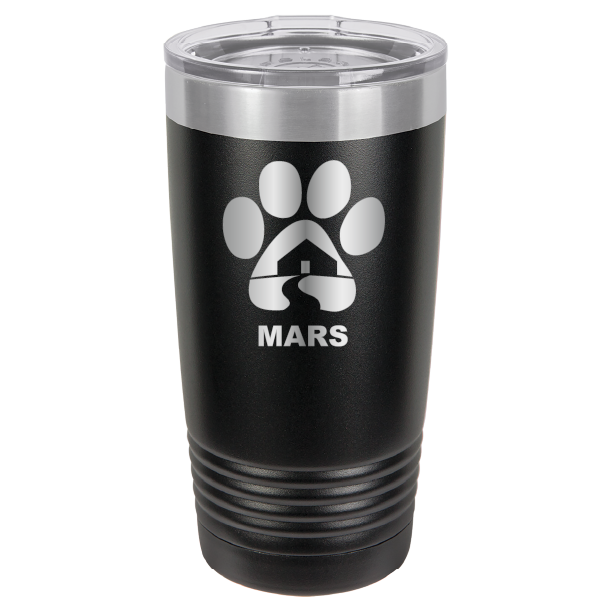 Black 20 ounce laser engraved tumbler with the Midwest Animal Rescue & Services (MARS) logo.