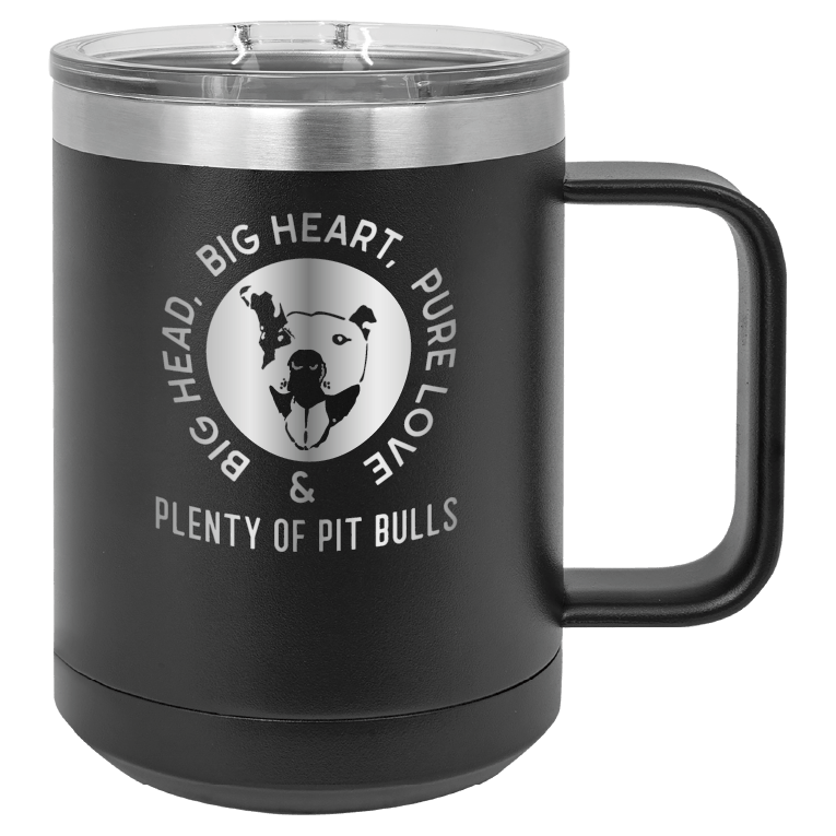 Black 15 oz coffee cup laser engraved featuring the Plenty of Pit Bulls logo