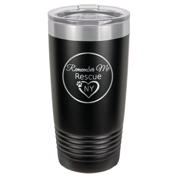 Black laser engraved 20 tumbler featuring the logo of Remember Me Rescue NY