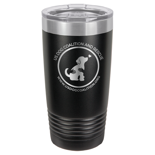 Black 20 Oz Laser Engraved Tumbler featuring the US Dog Coalition logo.