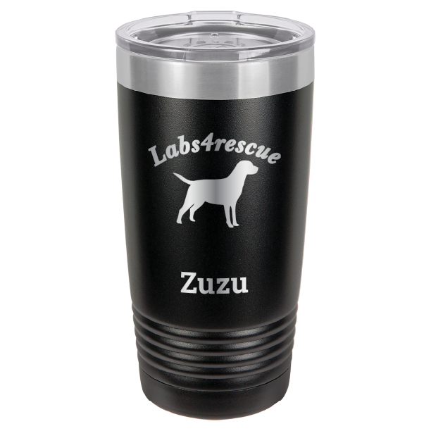Black laser engraved 20 oz tumbler featuring the Labs4rescue logo and the name Zuzu.