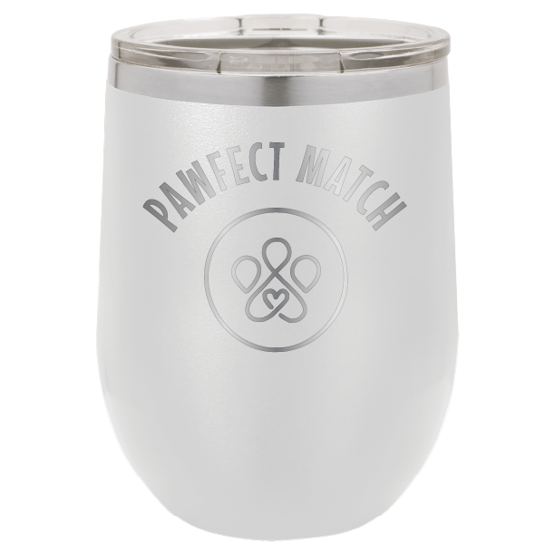 White laser engraved wine tumbler featuring the Pawfect March logo