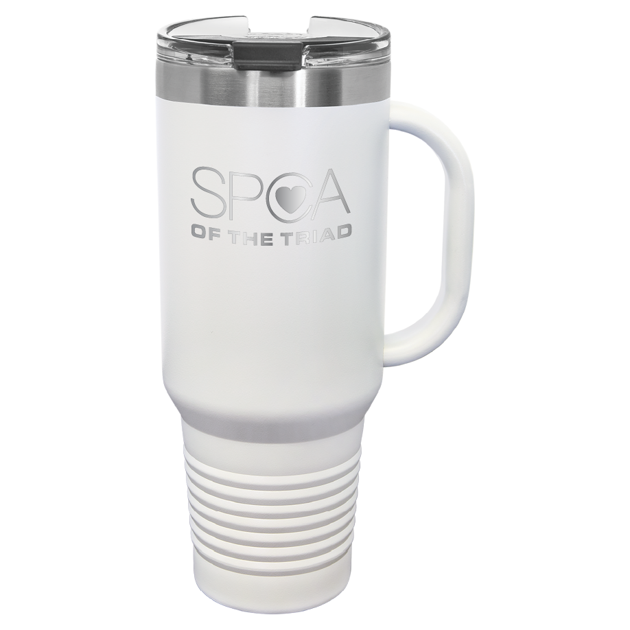 White 40 oz laser engraved tumbler with the SPCA of the Triad logo.