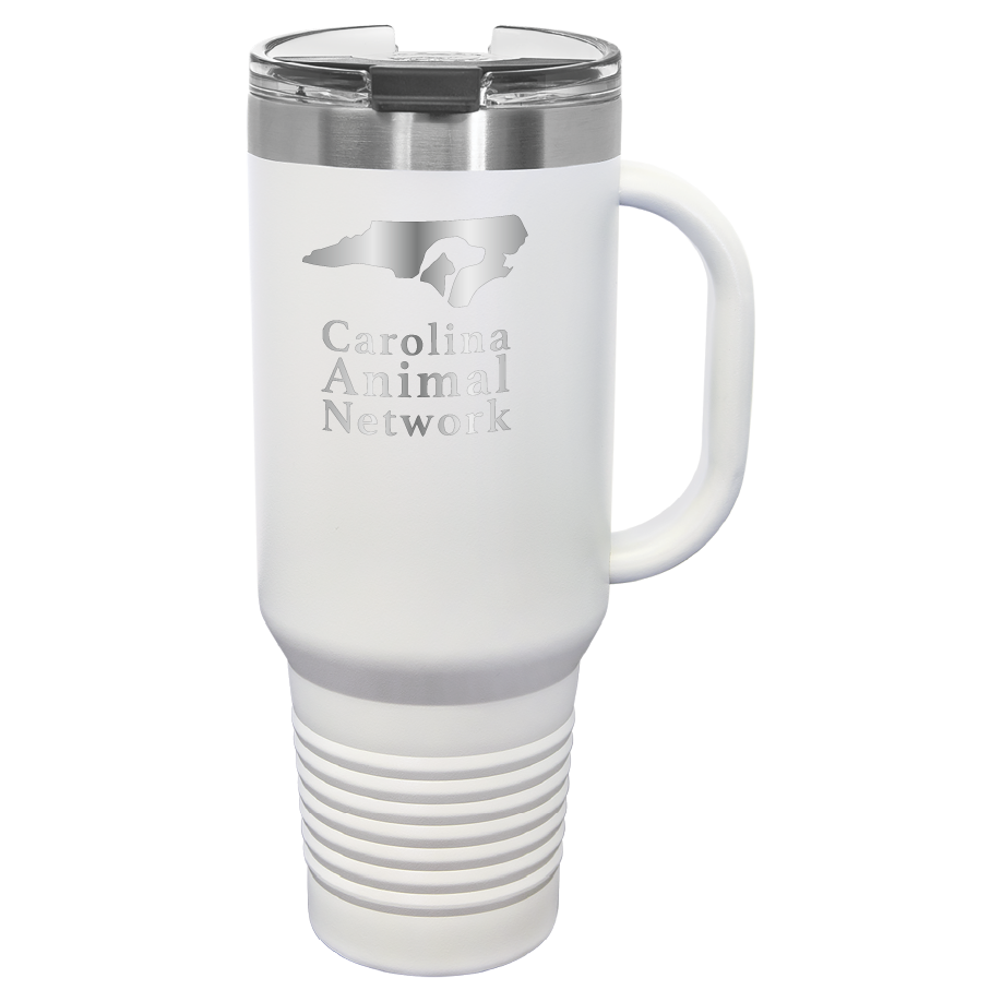 White / stainless 40 oz water bottle laser engraved  tumbler featuring the Carolina Animal Network logo