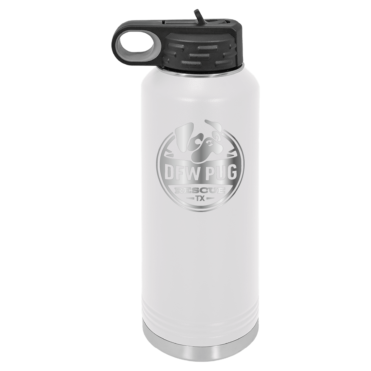 White laser engraved 40 oz water bottle featuring the DFW Pug Rescue logo