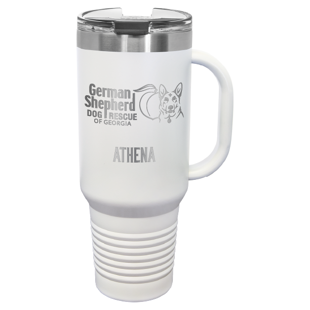 40 Oz travel tumbler, laser engraved with the logo of German Shepherd Dog Rescue of Georgia, in white