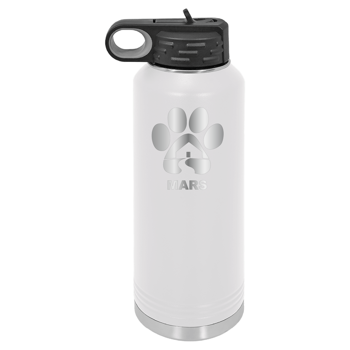White 40 ounce laser engraved water bottle, featuring the with the Midwest Animal Rescue & Services (MARS) logo