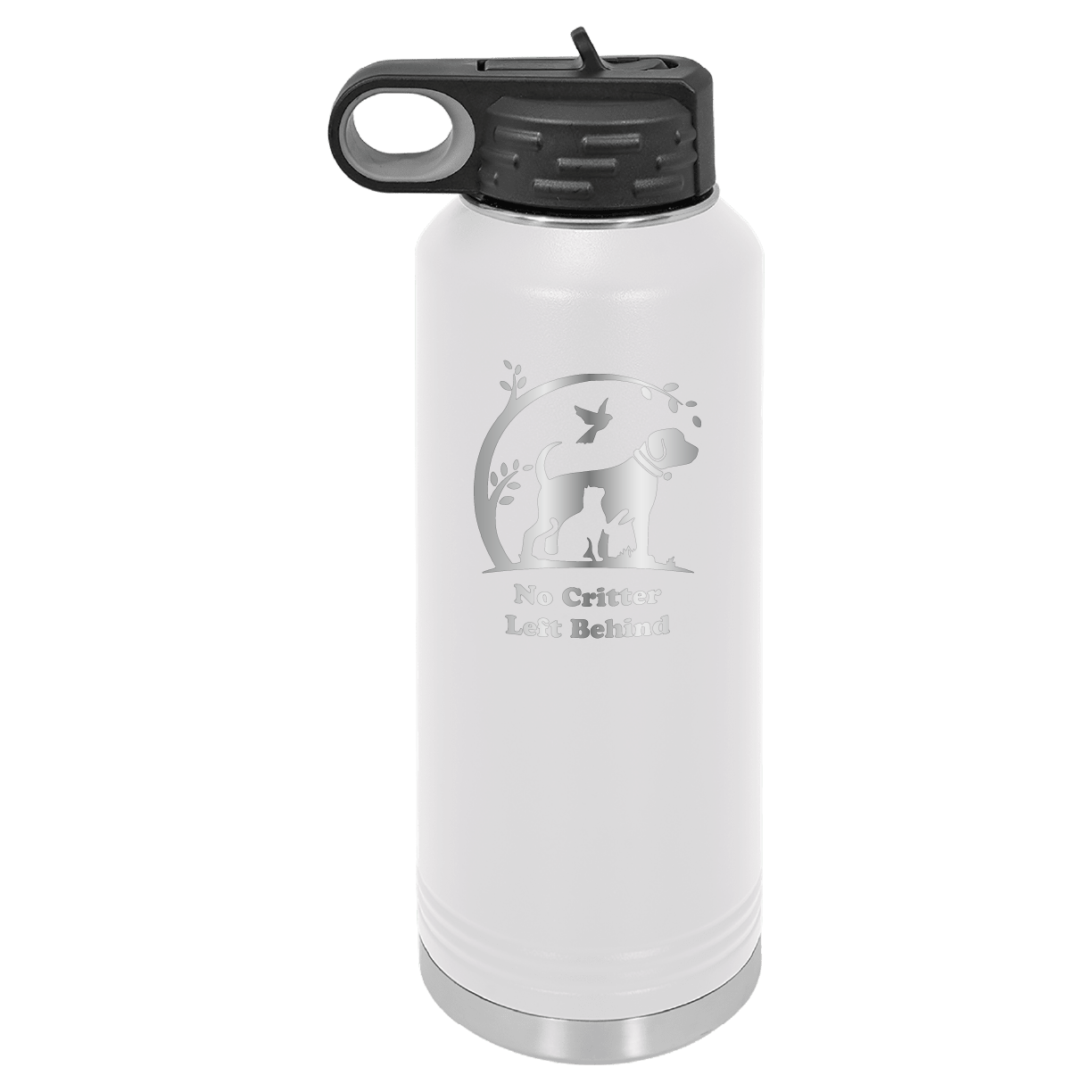 White laser engraved 40 oz water bottle featuring the No Critter Left Behind logo