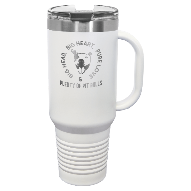 White 40 oz tumbler with handle laser engraved featuring the Plenty of Pit Bulls logo