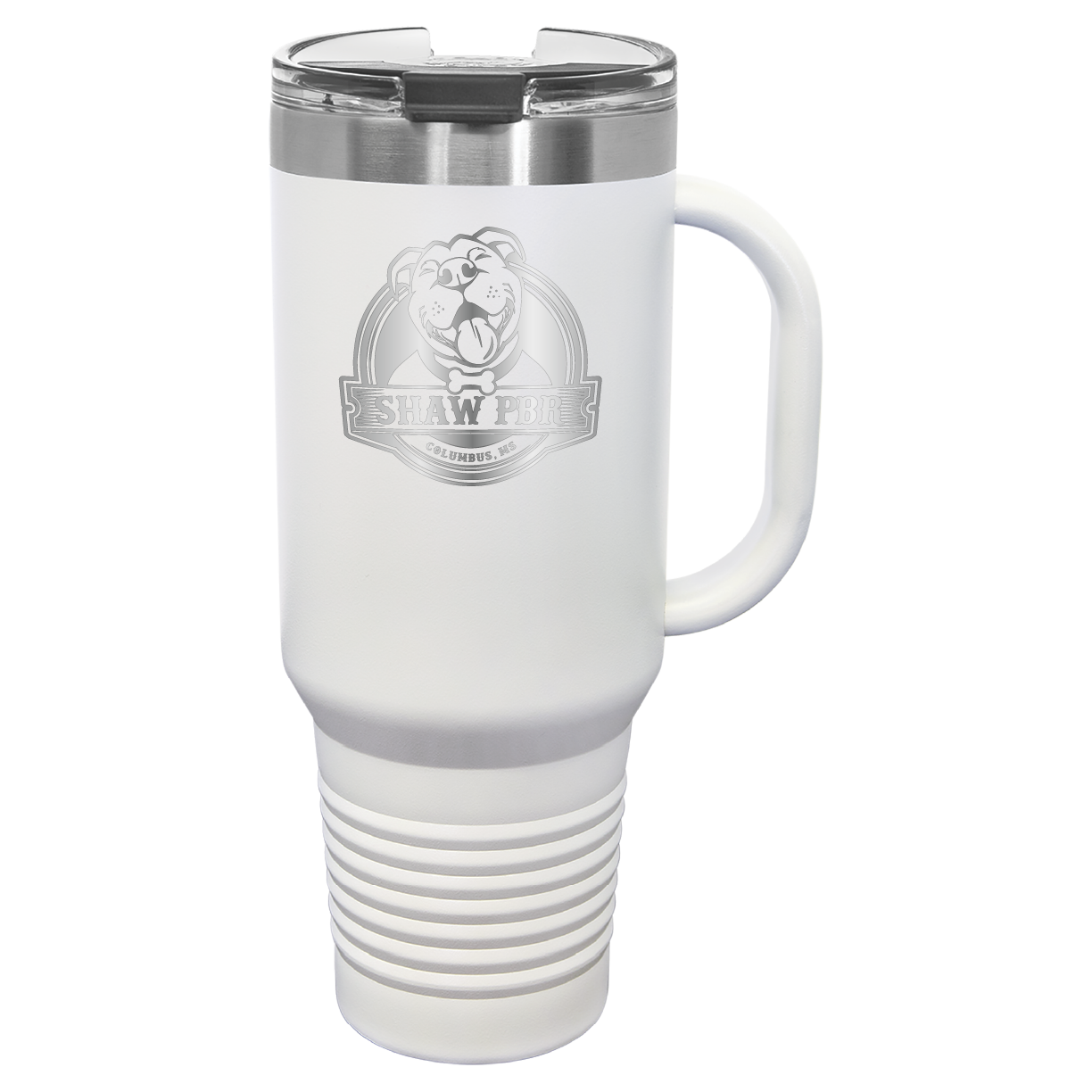 White 40 Oz laser engraved tumbler featuring the Shaw Pit Bull Rescue logo