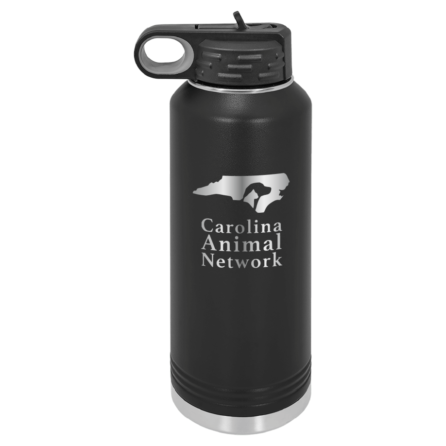 Black 40 oz water bottle laser engraved tumbler featuring the Carolina Animal Network logo