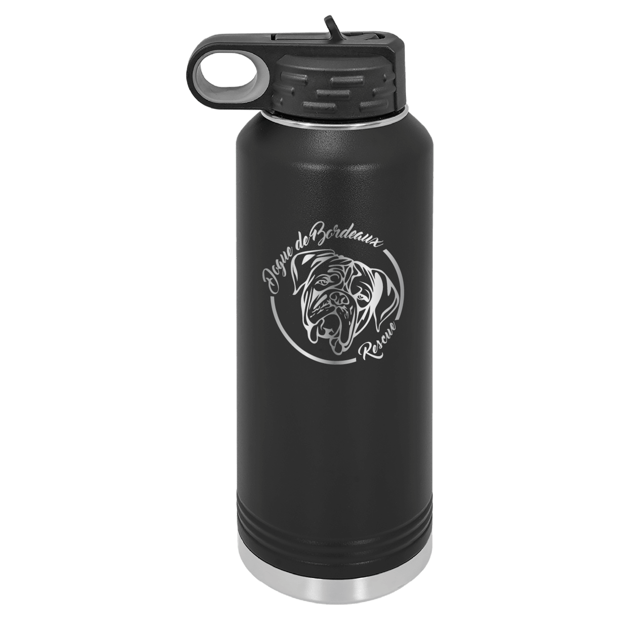 Black 40 oz laser engraved water bottle featuring the Dogue de Bordeaux Rescue, Inc. logo