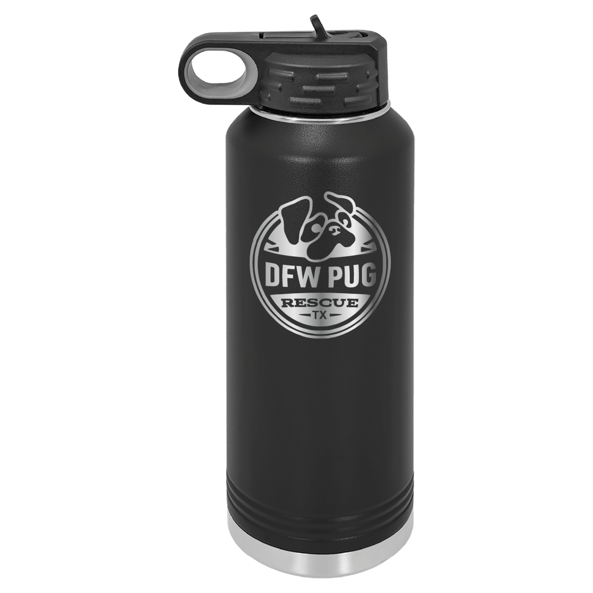 Black laser engraved 40 oz water bottle featuring the DFW Pug Rescue logo