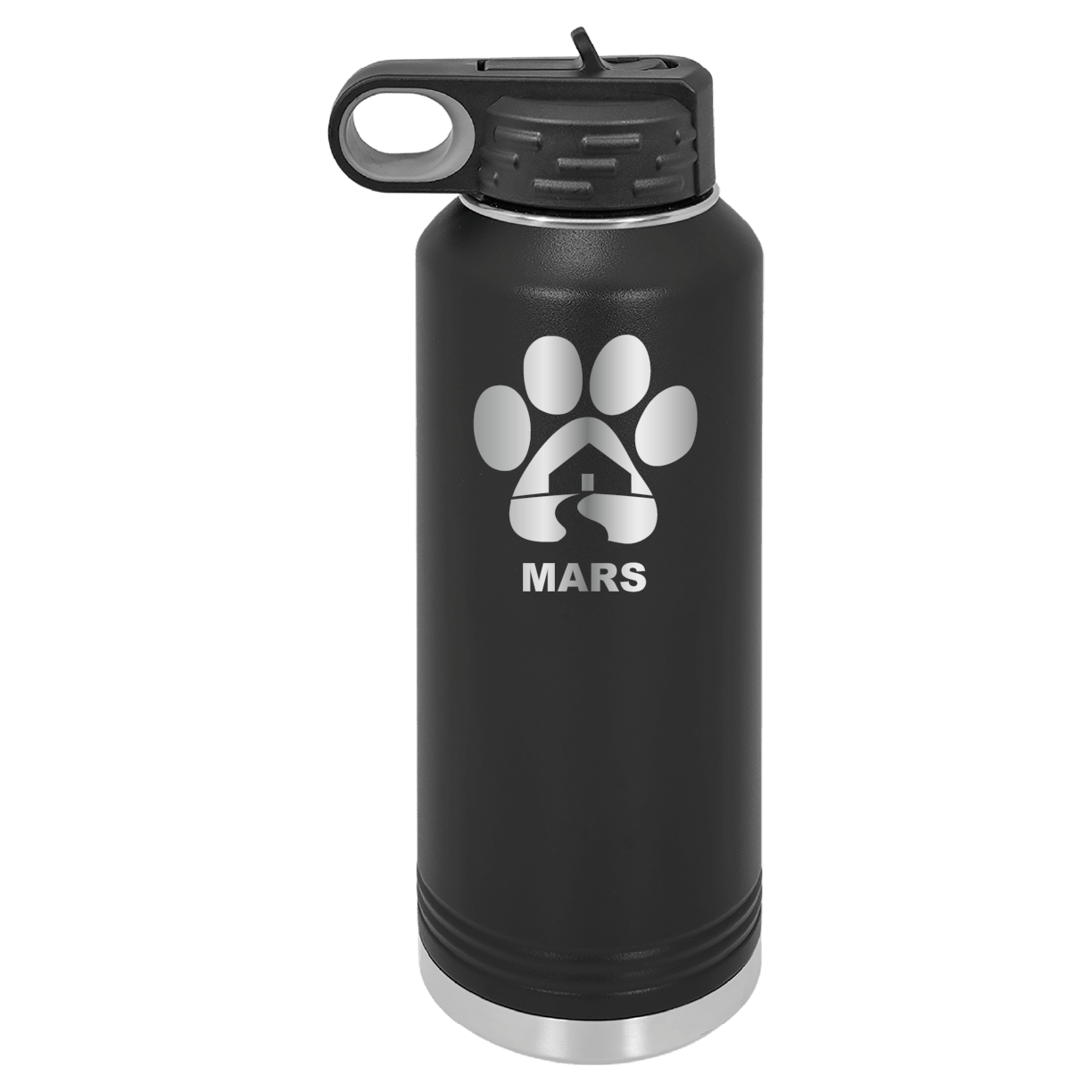 Black 40 ounce laser engraved water bottle, featuring the with the Midwest Animal Rescue & Services (MARS) logo