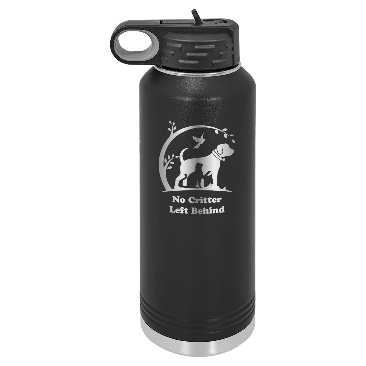 Black engraved 40 oz water bottle featuring the No Critter Left Behind logo