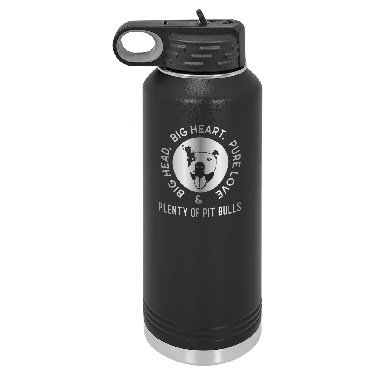 Black 40 oz water bottle laser engraved featuring the Plenty of Pit Bulls logo