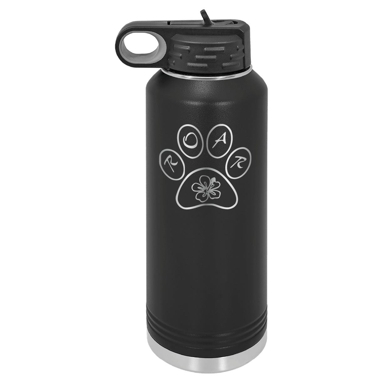 Black laser engraved 40 oz water bottle featuring the ROAR NC animal rescue logo