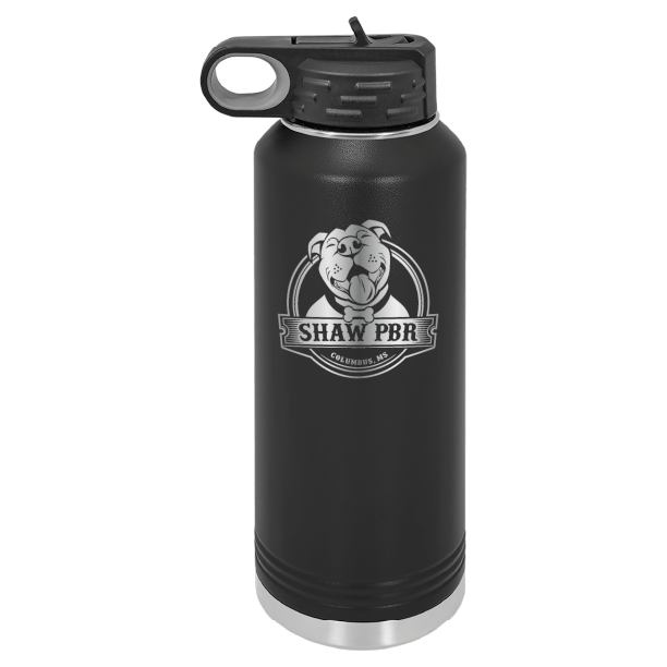 Black 40 oz laser engraved water bottle featuring the Shaw Pit Bull Rescue logo