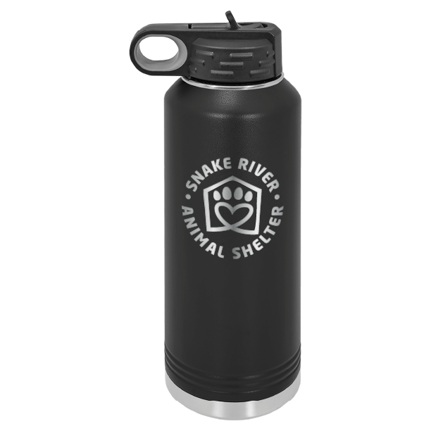Black 40 ounce laser engraved water bottle, featuring the Snake River Animal Shelter logo