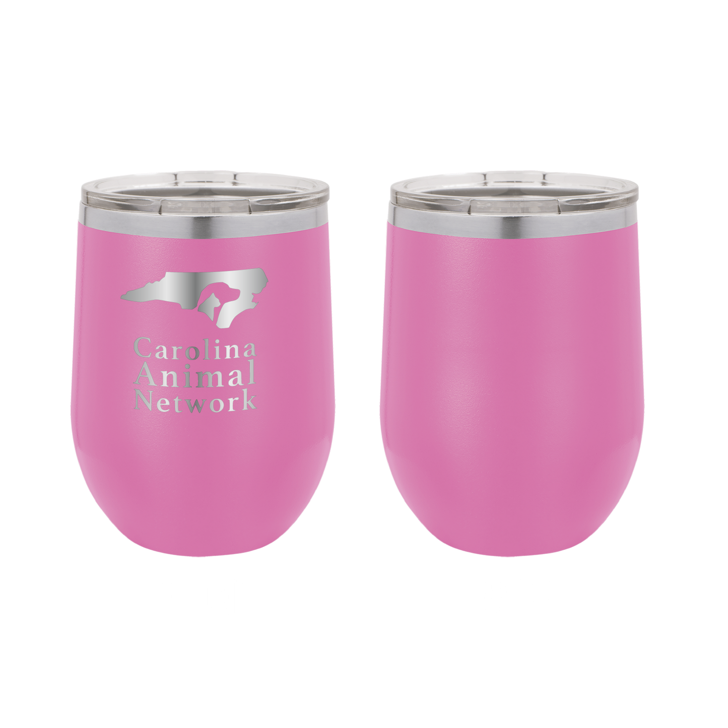 Pink 12 oz wine tumbler laser engraved tumbler featuring the Carolina Animal Network logo