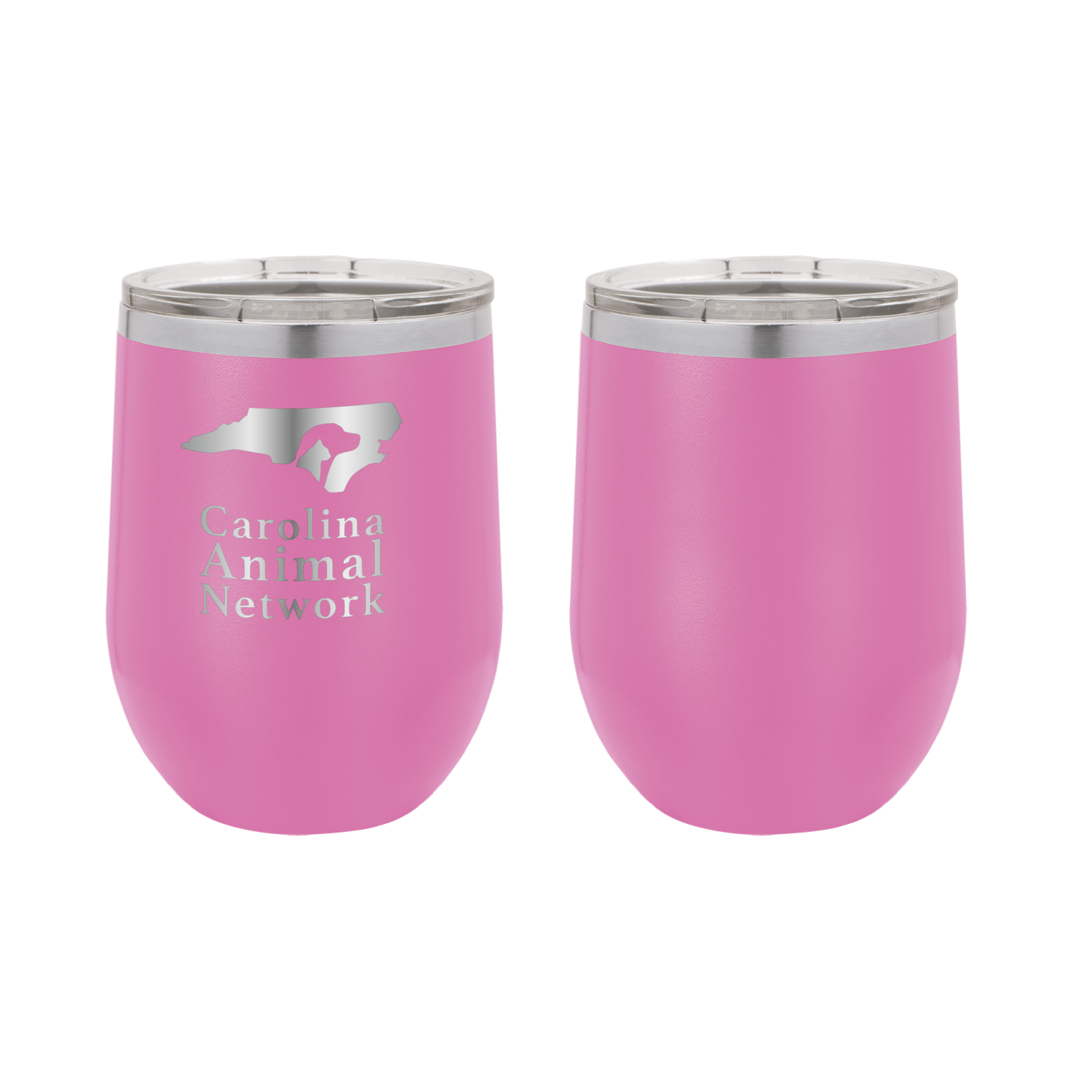 Pink 12 oz wine tumbler laser engraved  tumbler featuring the Carolina Animal Network logo