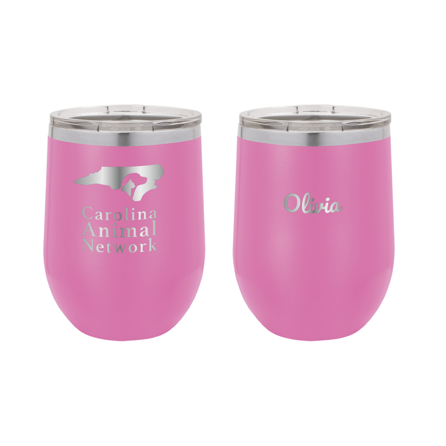 Pink 12 oz wine tumbler laser engraved tumbler featuring the Carolina Animal Network logo and the name "Olivia"