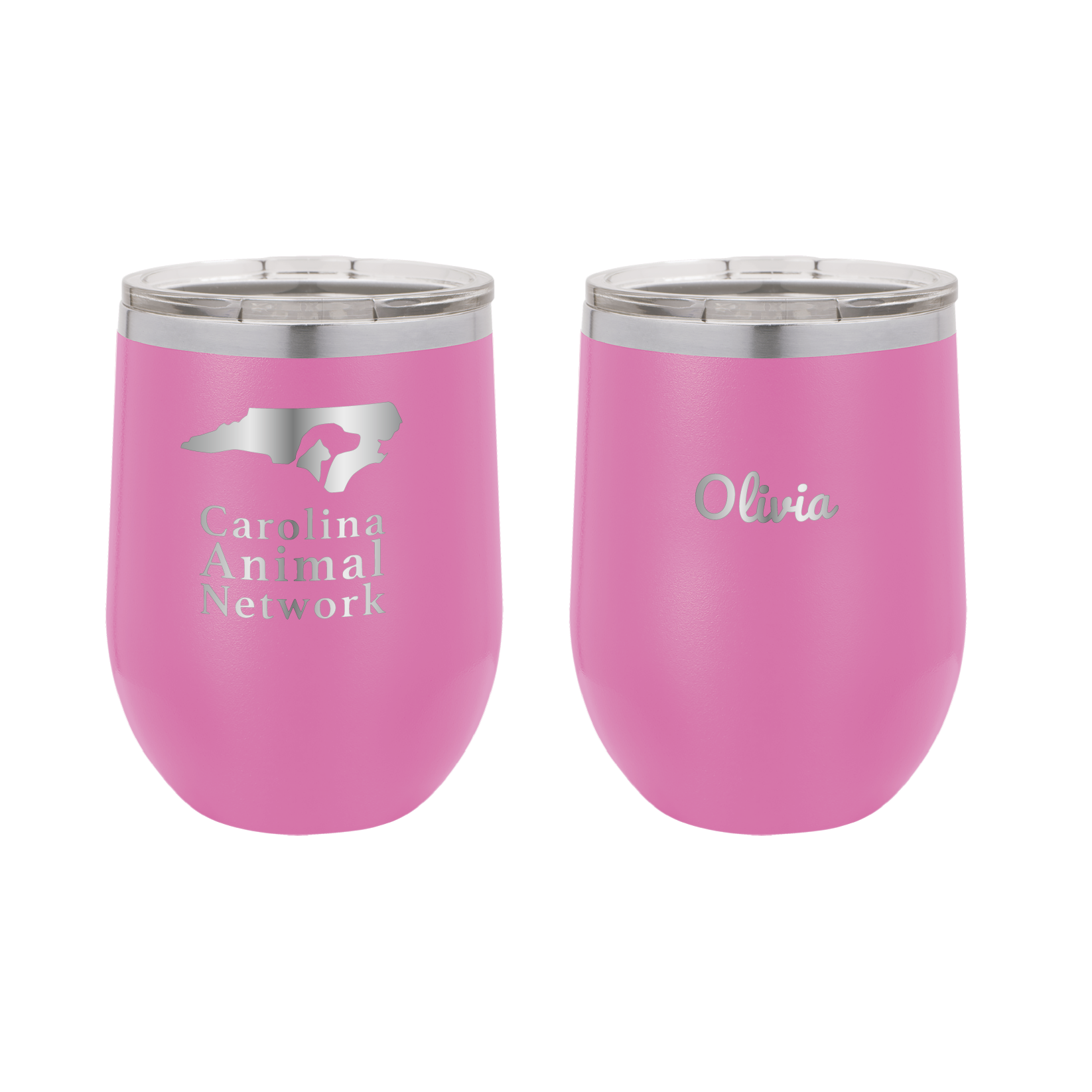 Pink 12 oz wine tumbler laser engraved  tumbler featuring the Carolina Animal Network logo and the name "Olivia"