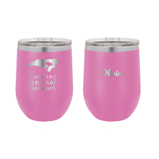 Pink 12 oz wine tumbler laser engraved  tumbler featuring the Carolina Animal Network logo and the name "Olivia"