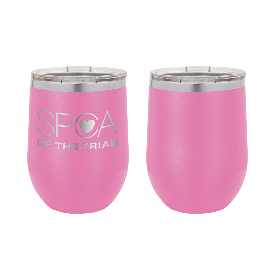 Pink 12 oz Laser engraved wine tumbler featuring the SPCA of the Triad logo.