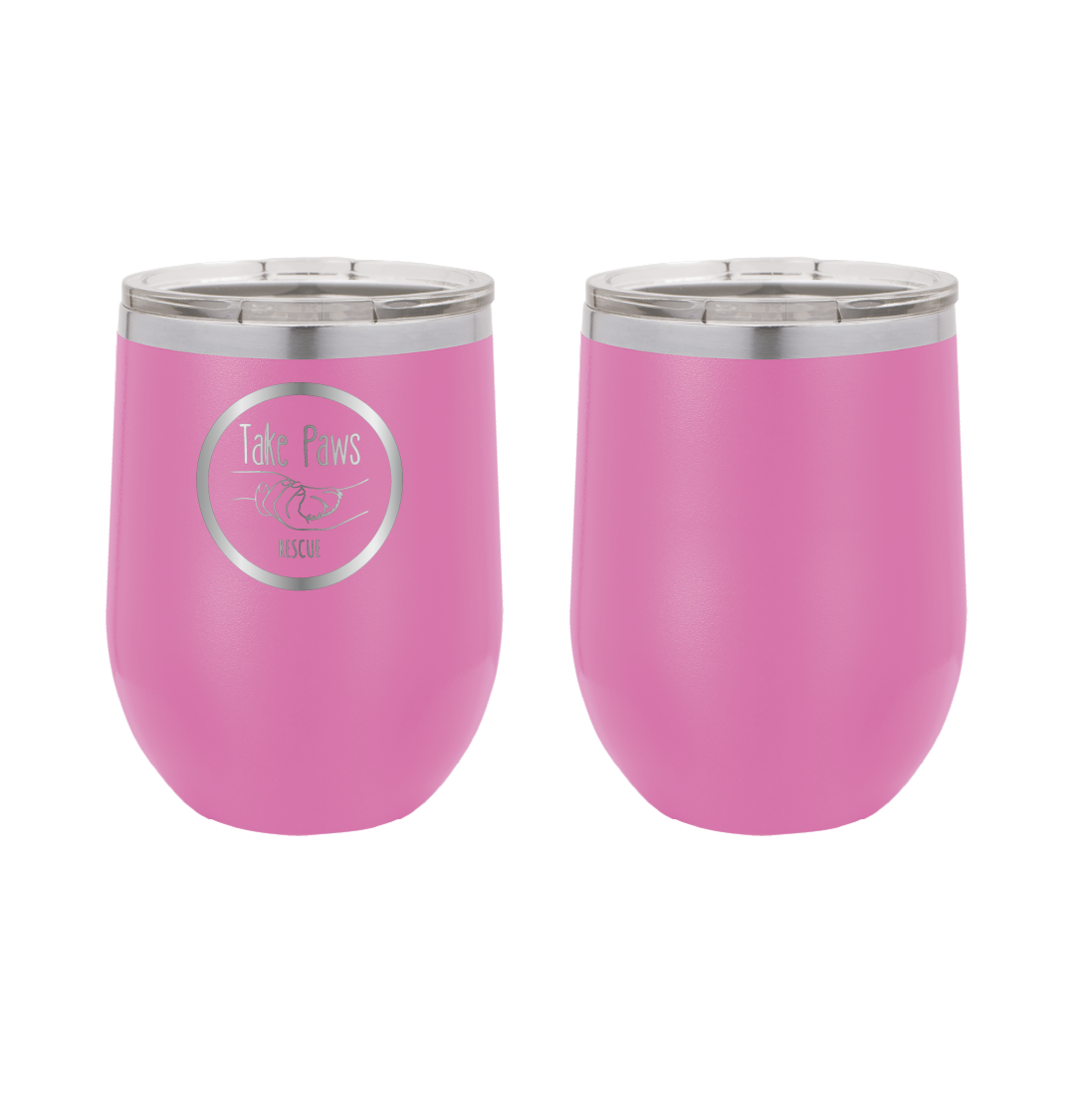 Pink 12 oz wine tumbler laser engraved tumbler featuring the Take Paws Rescue logo