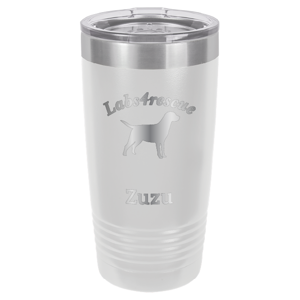 White laser engraved 20 oz tumbler featuring the Labs4rescue logo and the name Zuzu.