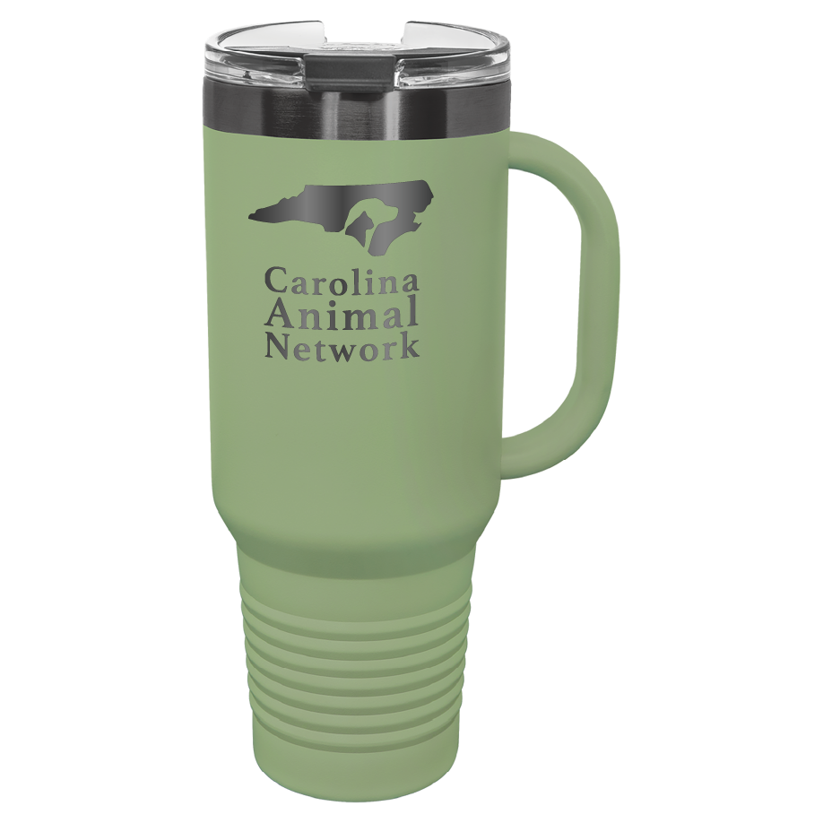 Summer sage / ghost black 40 oz water bottle laser engraved tumbler featuring the Carolina Animal Network logo
