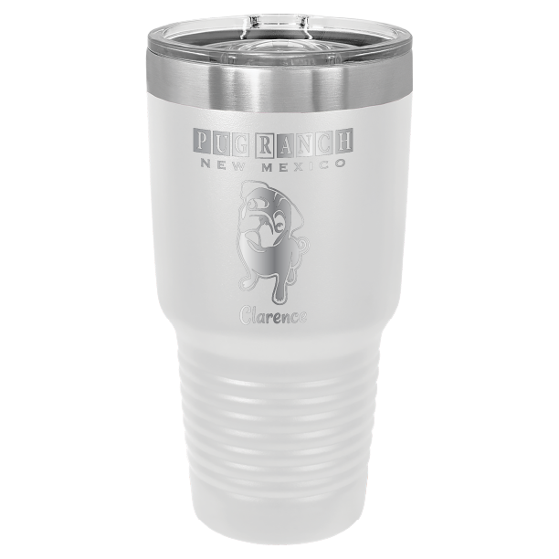 Laser engraved white tumbler featuring Pug Ranch NM: 30 oz